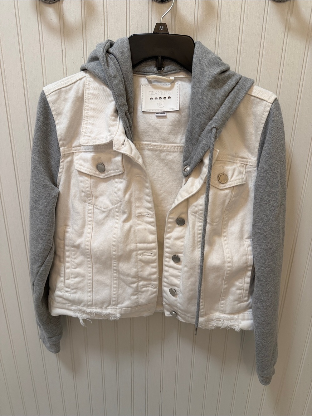 Blank NYC White Denim Jacket with Gray Hoodie Sleeves